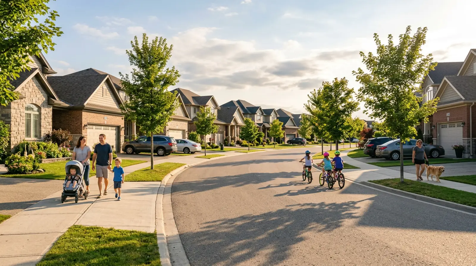 Warm Martensville family street with two parents pushing a stroller and children biking past newer detached homes on a sunny afternoon