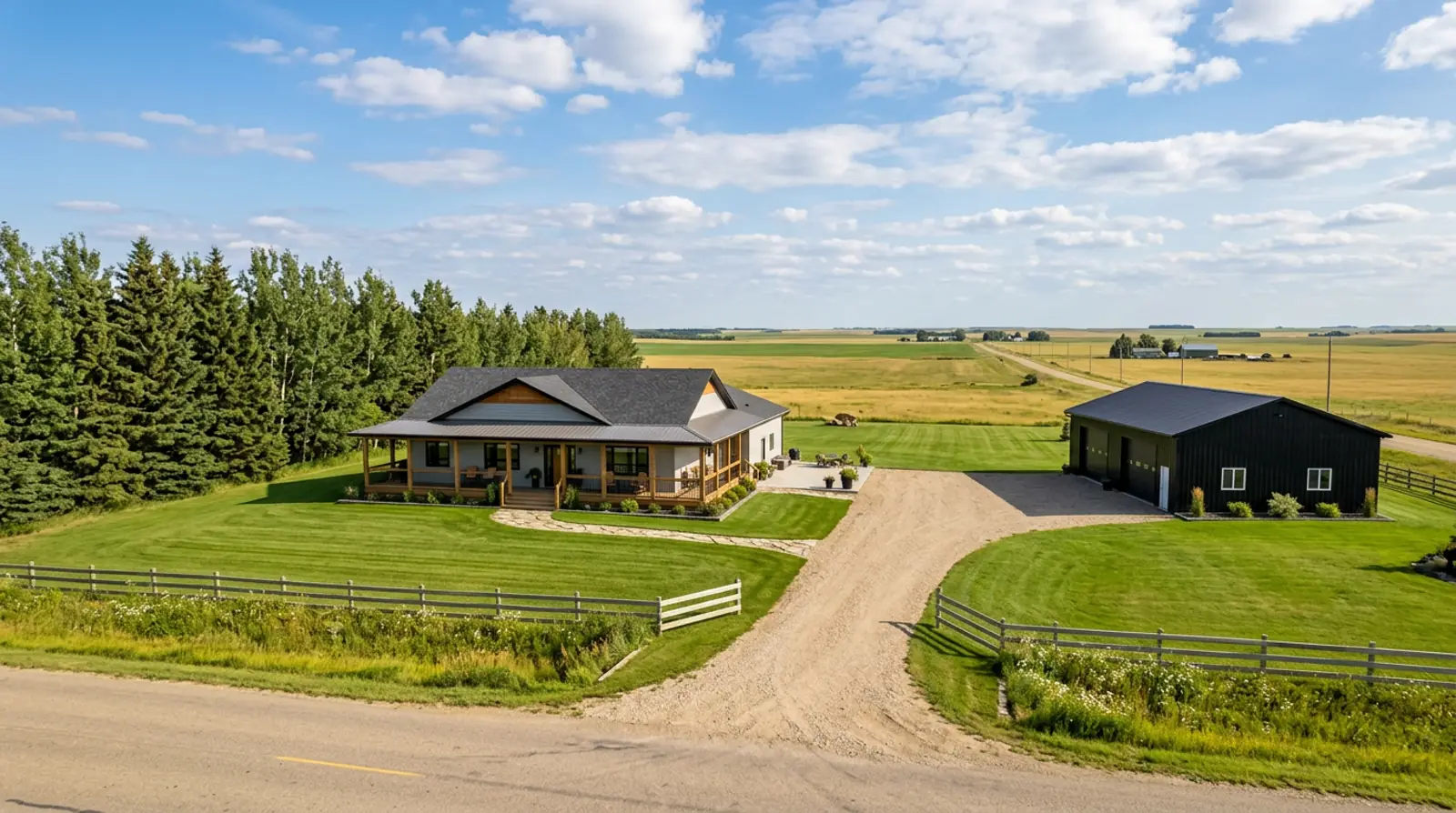 Well-kept modern acreage property near Martensville with bungalow home, detached shop and long gravel driveway on a sunny afternoon.