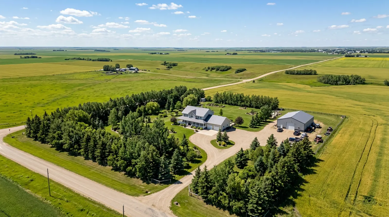 Aerial view of a treed acreage property near Martensville with home, shop, driveway, and open prairie fields.