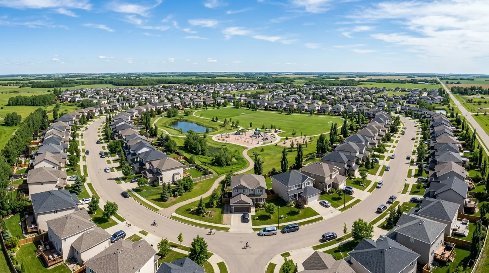 Aerial view of a family-friendly Martensville neighbourhood with newer two-storey homes on curved streets and a park with playground in the middle