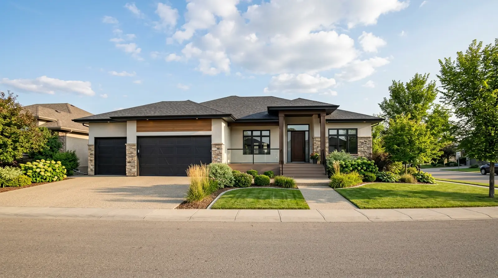Well-kept modern Martensville bungalow with covered entry, oversized garage and tidy landscaping on a sunny afternoon.
