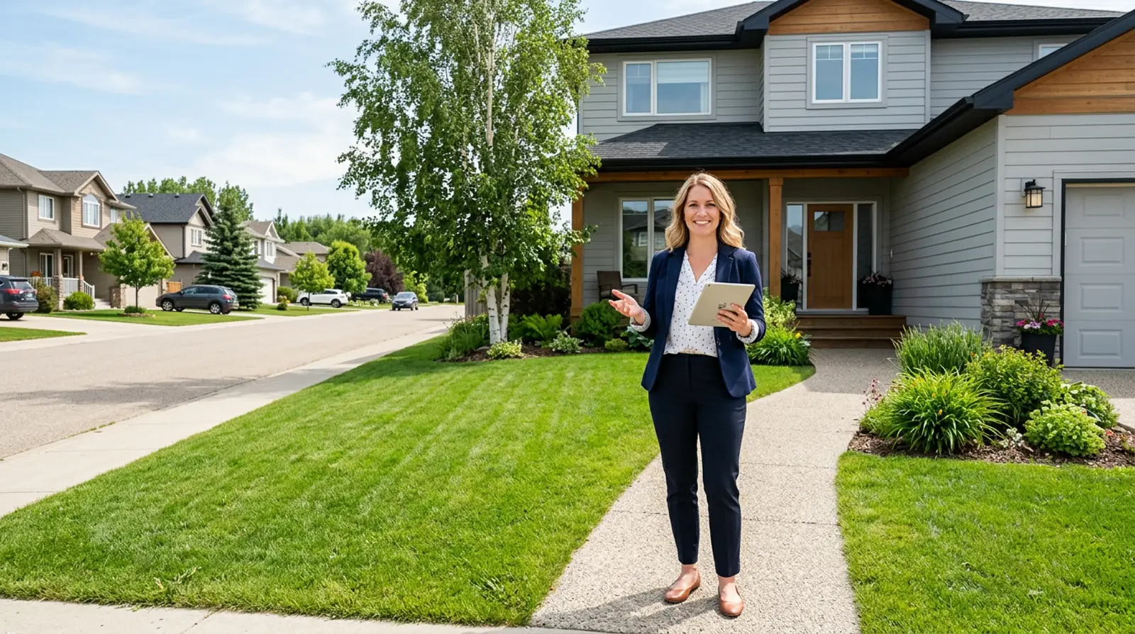 A friendly real estate agent standing outside a modern Martensville family home ready to answer buyer questions