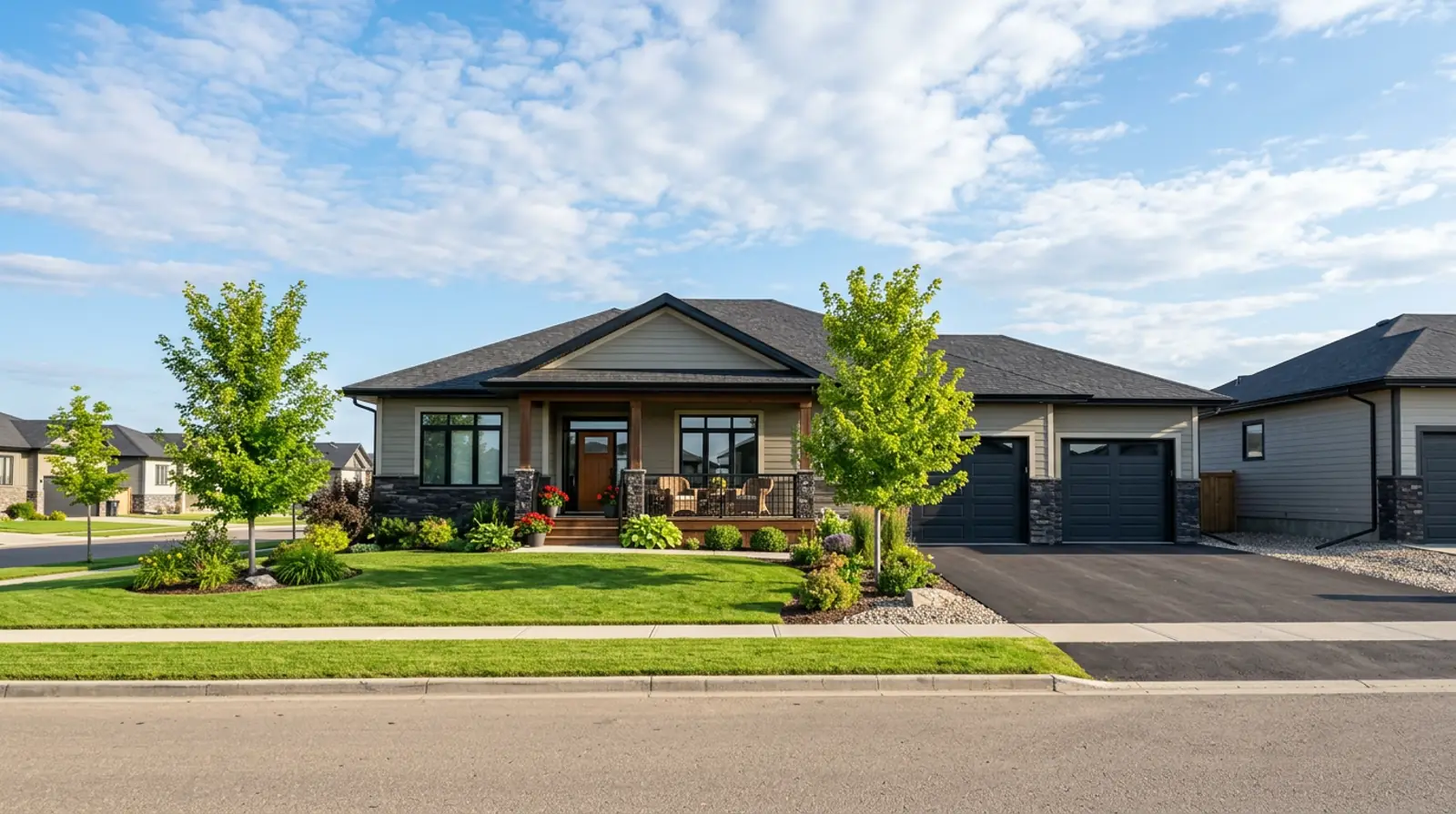 Modern Martensville family home with a welcoming front porch and tidy landscaping on a sunny morning.