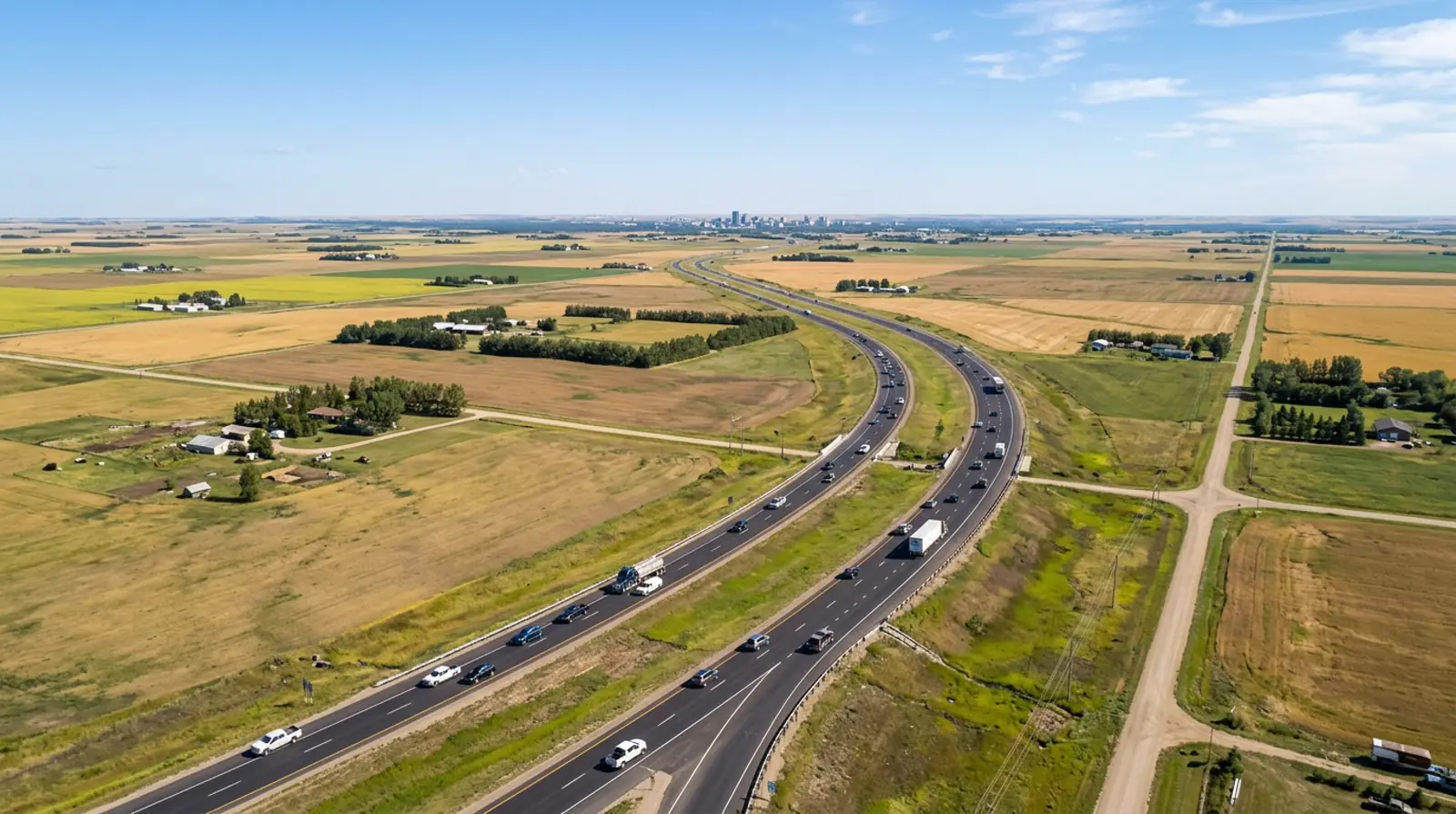 Aerial view of Highway 12 between Saskatoon and Martensville at late afternoon with commuter traffic crossing open prairie farmland