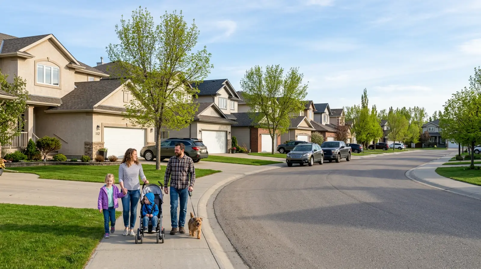 Established Martensville family neighbourhood with tidy homes, young trees, and a family walking on the sidewalk.