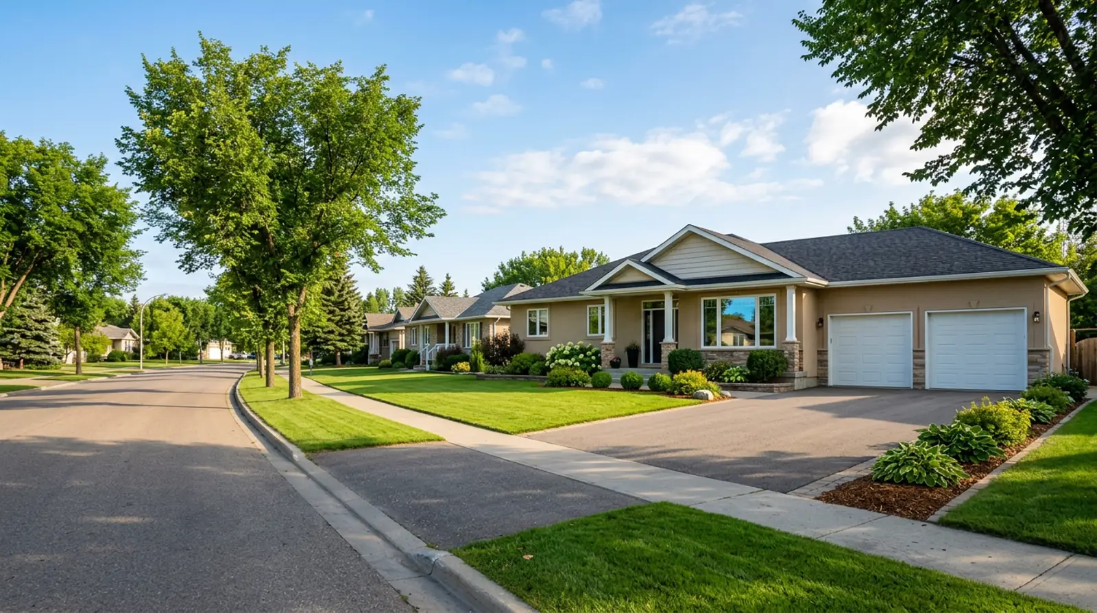 Martensville single-storey bungalow with attached double garage, manicured lawn, and mature trees on a quiet residential street.