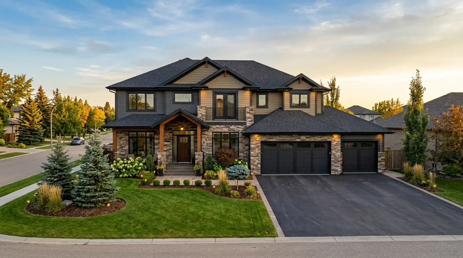 Upscale executive two-storey Martensville home with stone-and-siding exterior, triple garage and professional landscaping at golden hour.