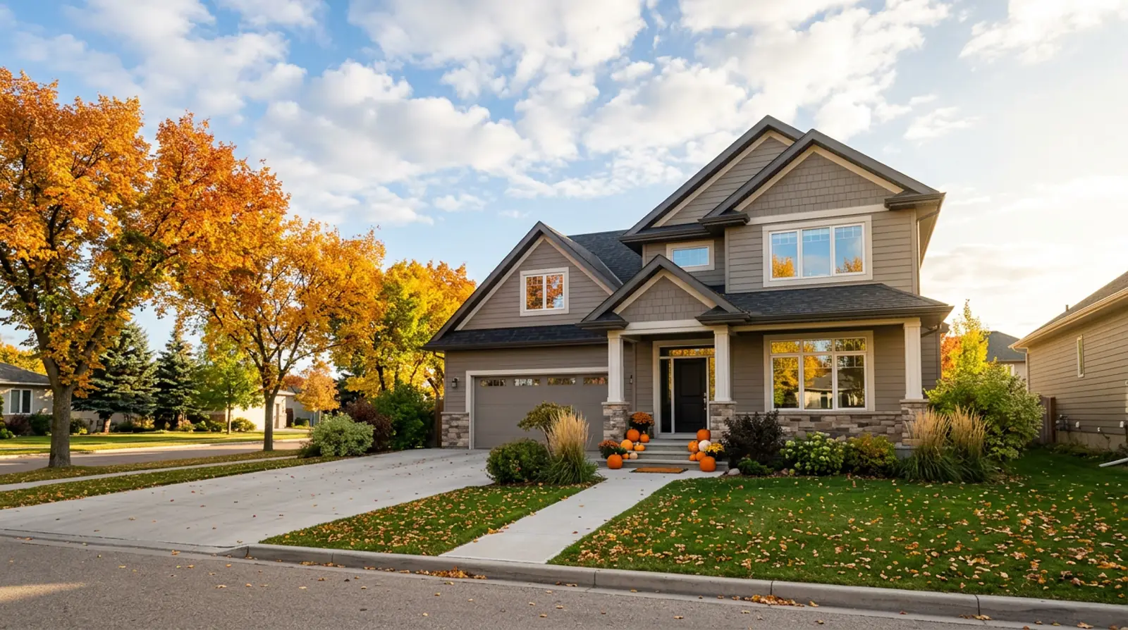 Modern Martensville family home with vivid orange and gold autumn trees and small pumpkins on the front porch steps.