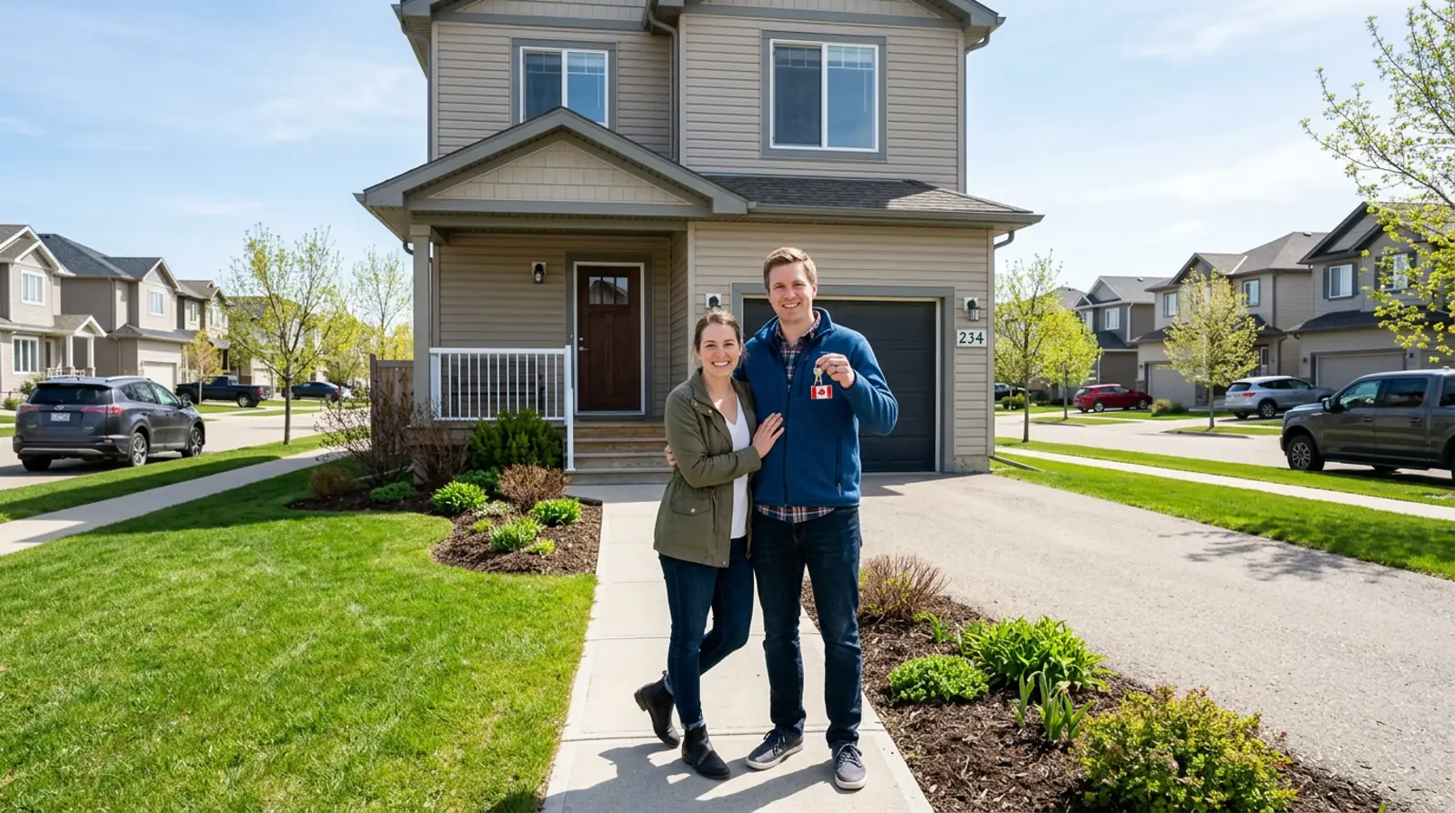 Young couple standing on the front walkway of their first Martensville starter home on a bright spring morning with keys in hand