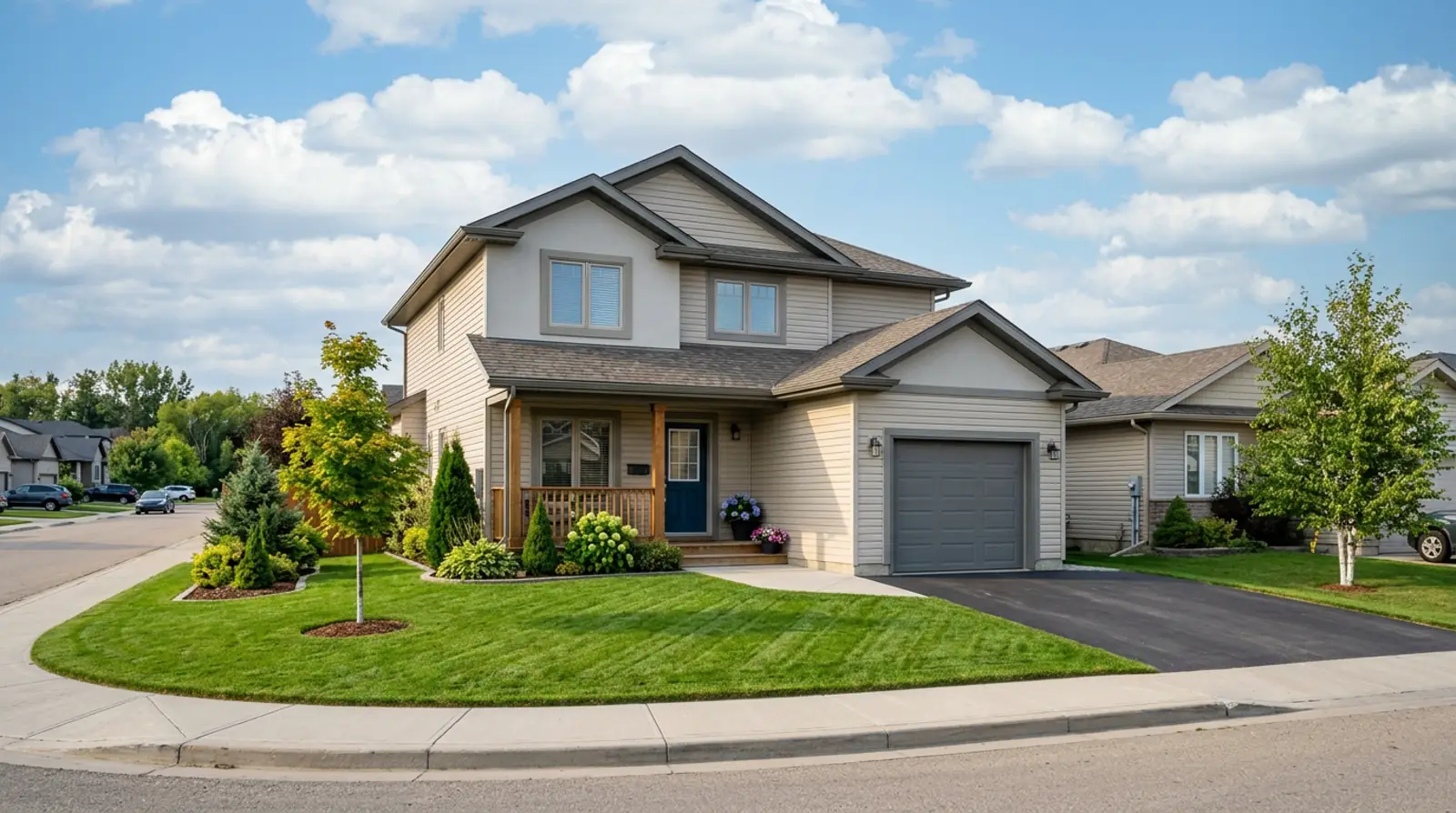 Modest tidy modern two-storey starter home in Martensville with small porch, single garage and freshly cut lawn on a sunny afternoon.