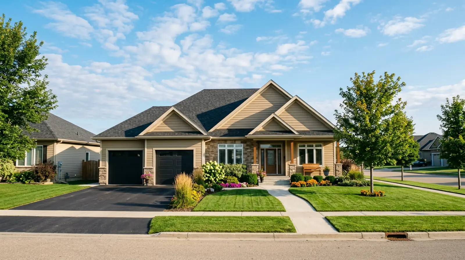 Well-kept modern Martensville family home with tidy landscaping and a welcoming front porch on a sunny morning.