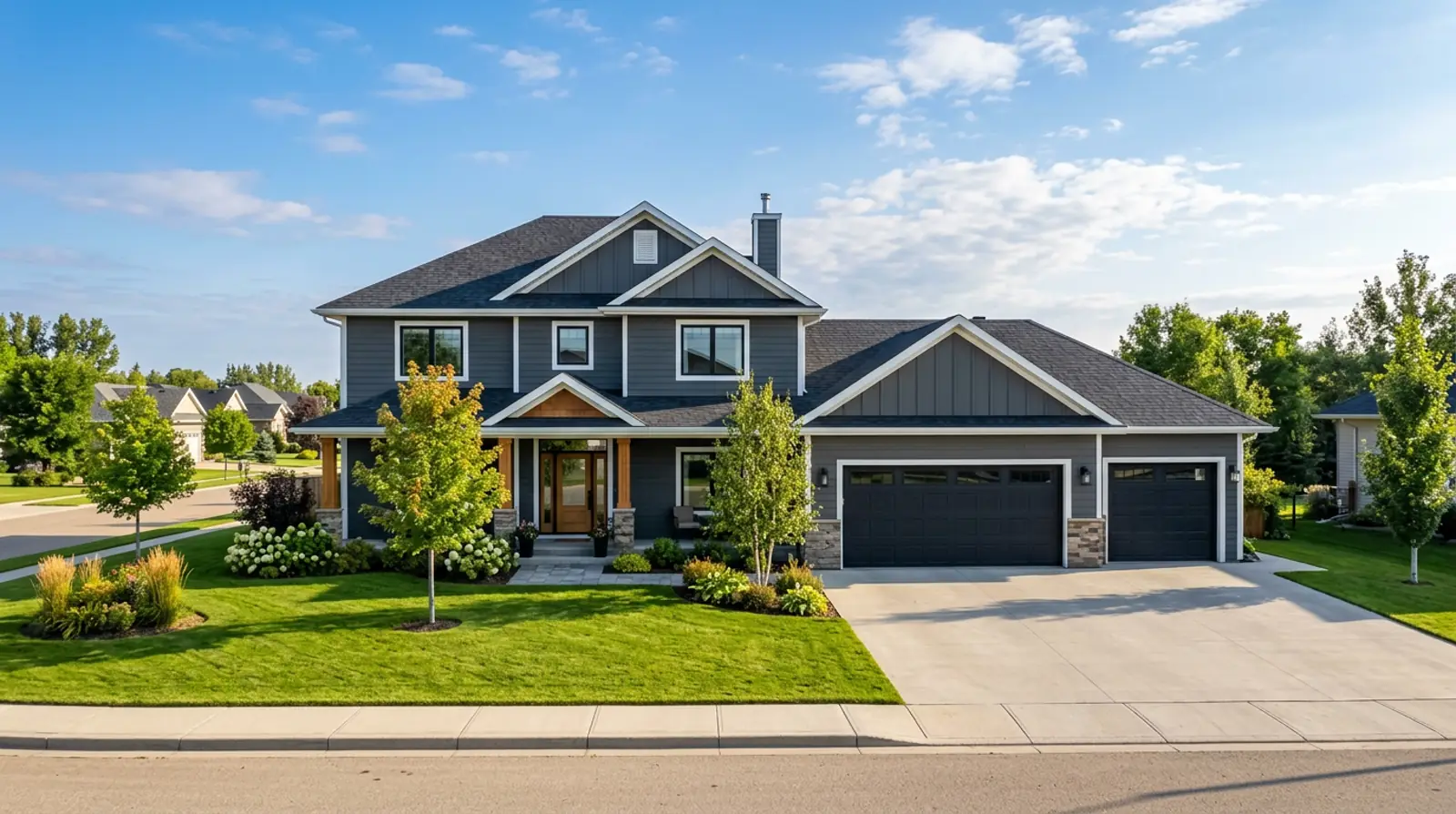 Well-kept modern Martensville two-storey family home with a clean shingled roof and tidy front yard on a sunny morning.