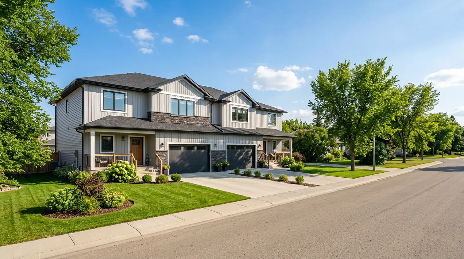 Well-kept two-storey rental duplex on a quiet Martensville street with tidy front yards on a sunny afternoon.
