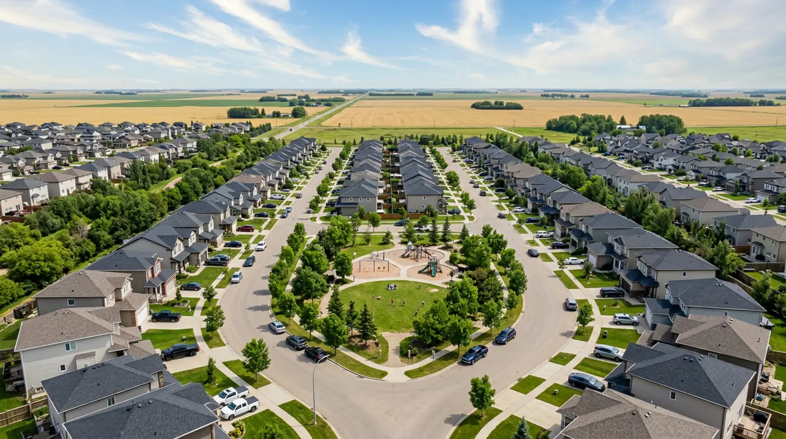 Aerial view of a modern Martensville family neighbourhood with playground, curved streets and prairie farmland beyond