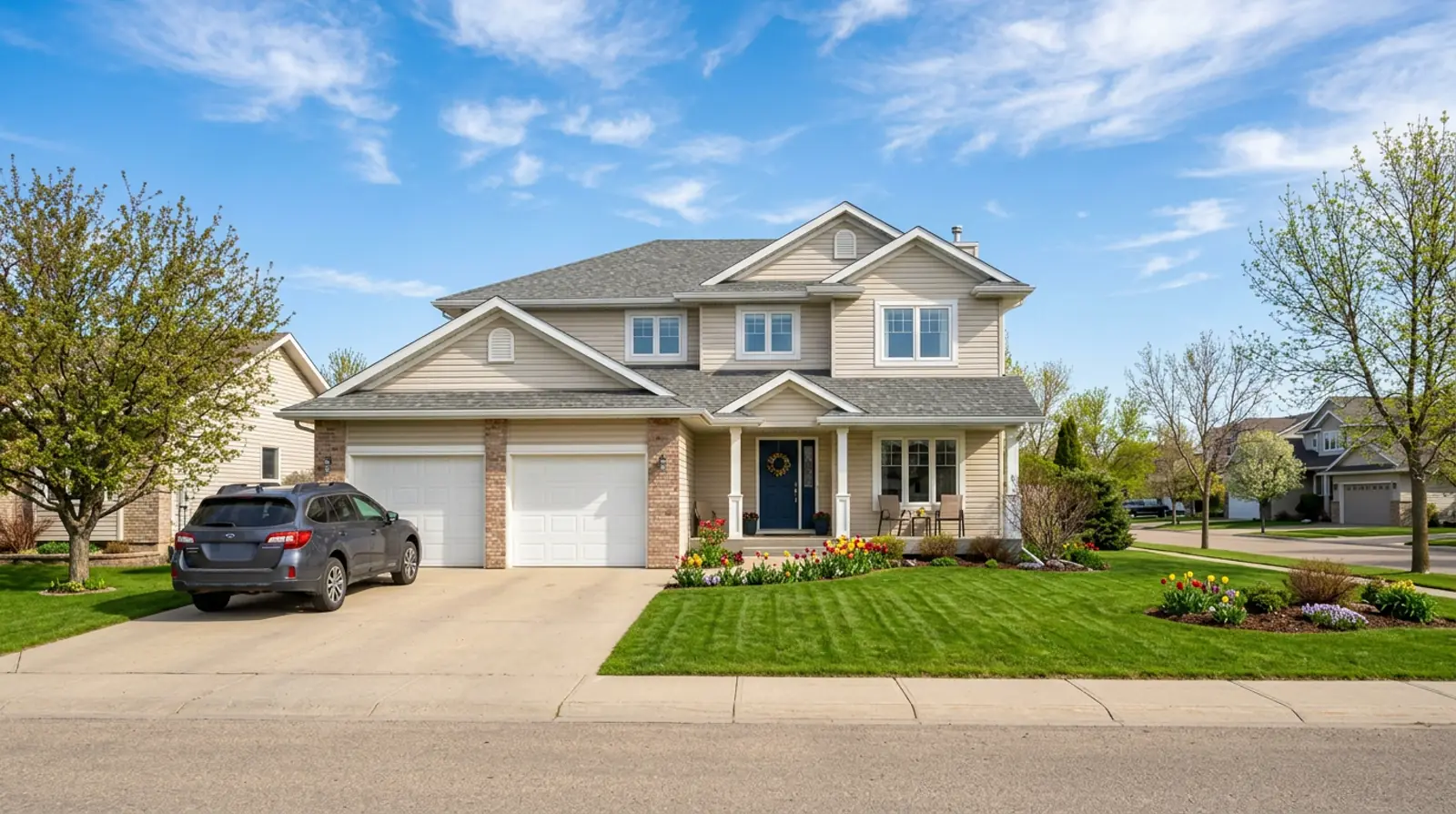 Bright two-storey Martensville family home on a sunny spring afternoon with a green lawn, tulip beds, and a family SUV in the driveway.
