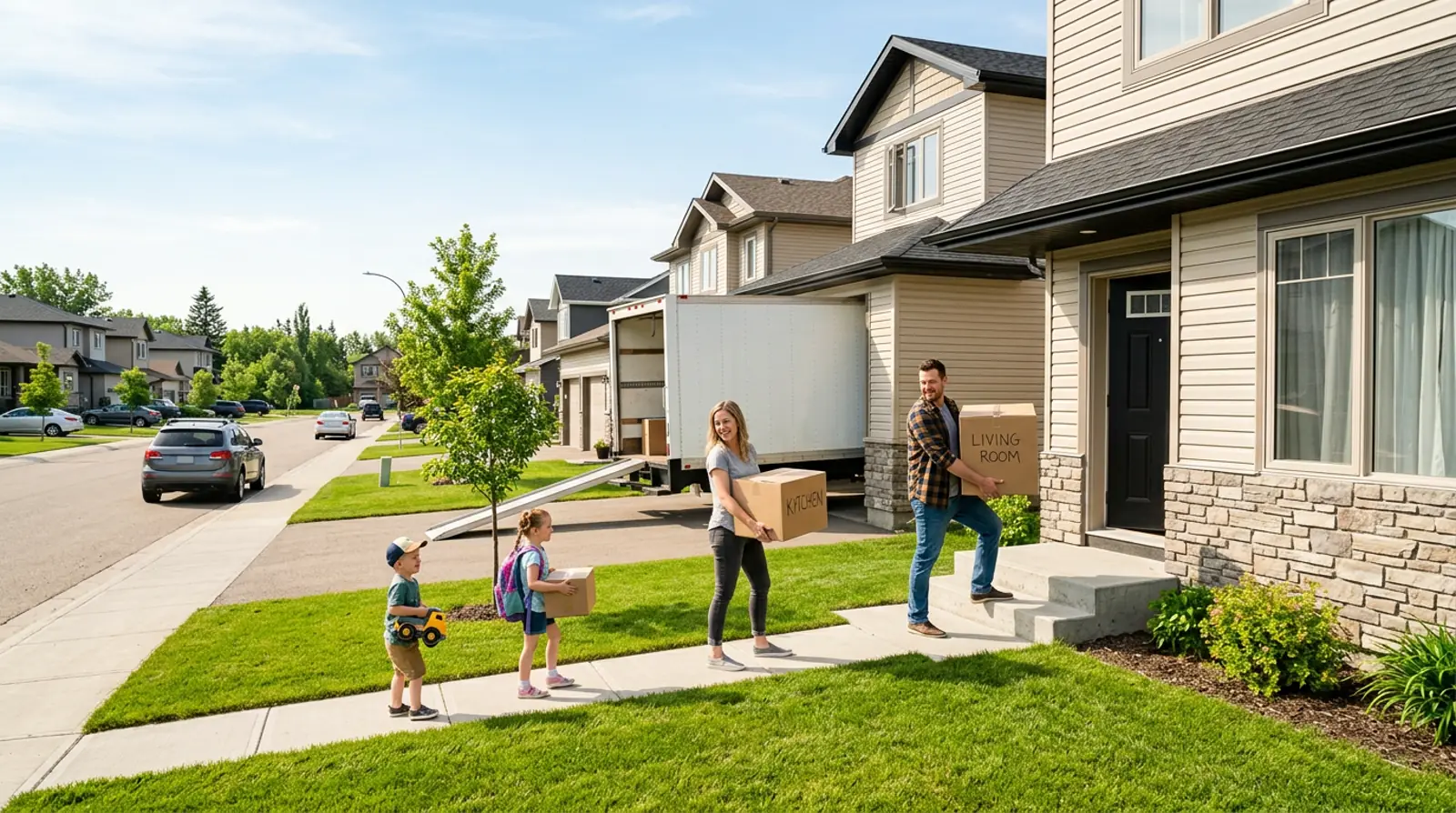 Young family moving into a new Martensville home with a moving truck in the driveway on a summer morning