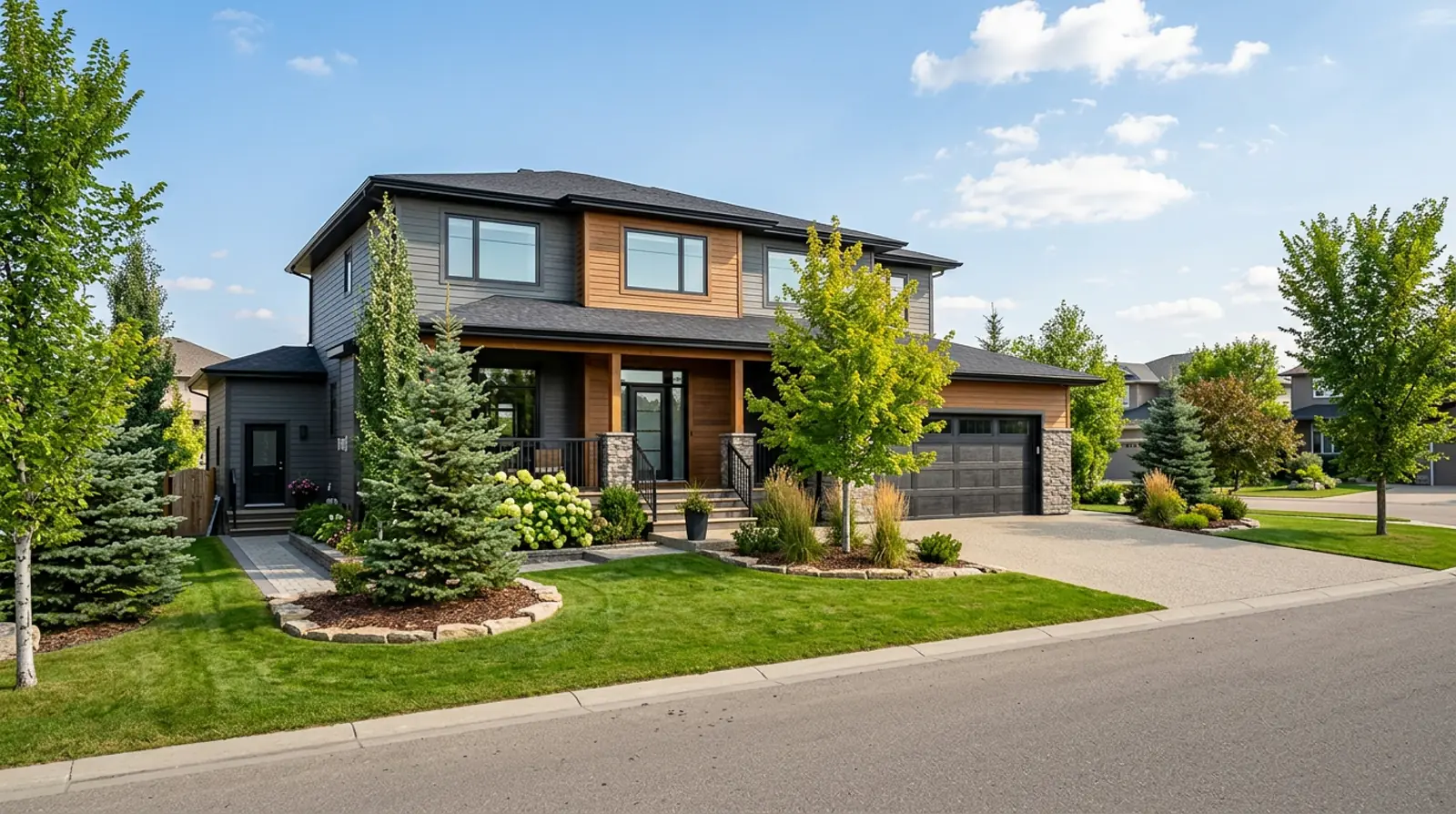 Large modern Martensville family home with a walk-out lower level and separate side entrance on a sunny afternoon.