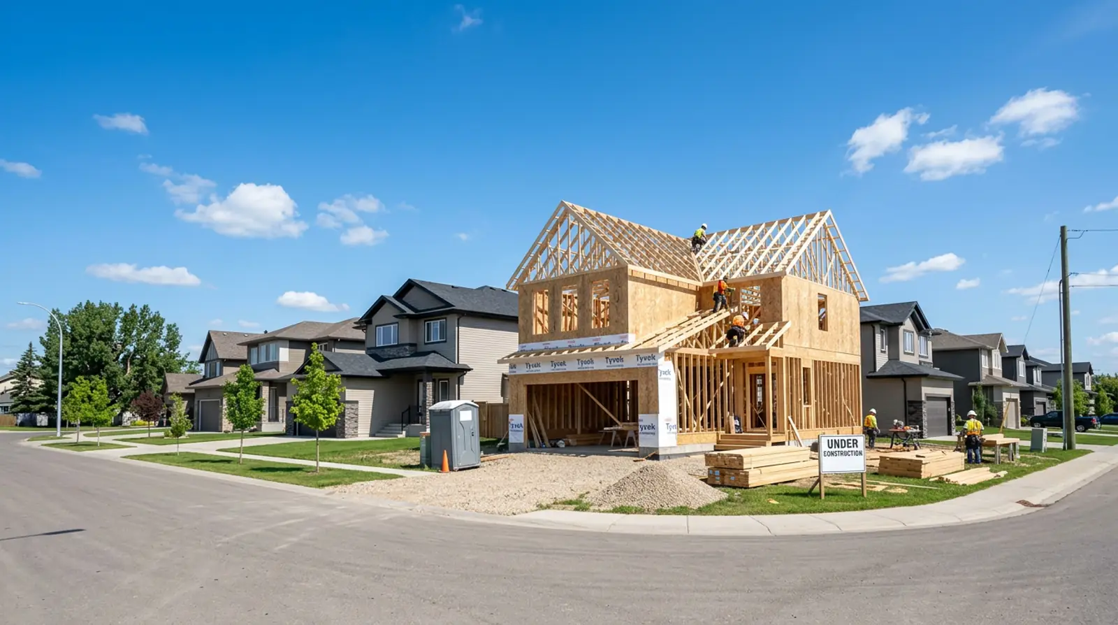 New home under construction in a Martensville subdivision with framed walls and completed neighbouring two-storey family homes
