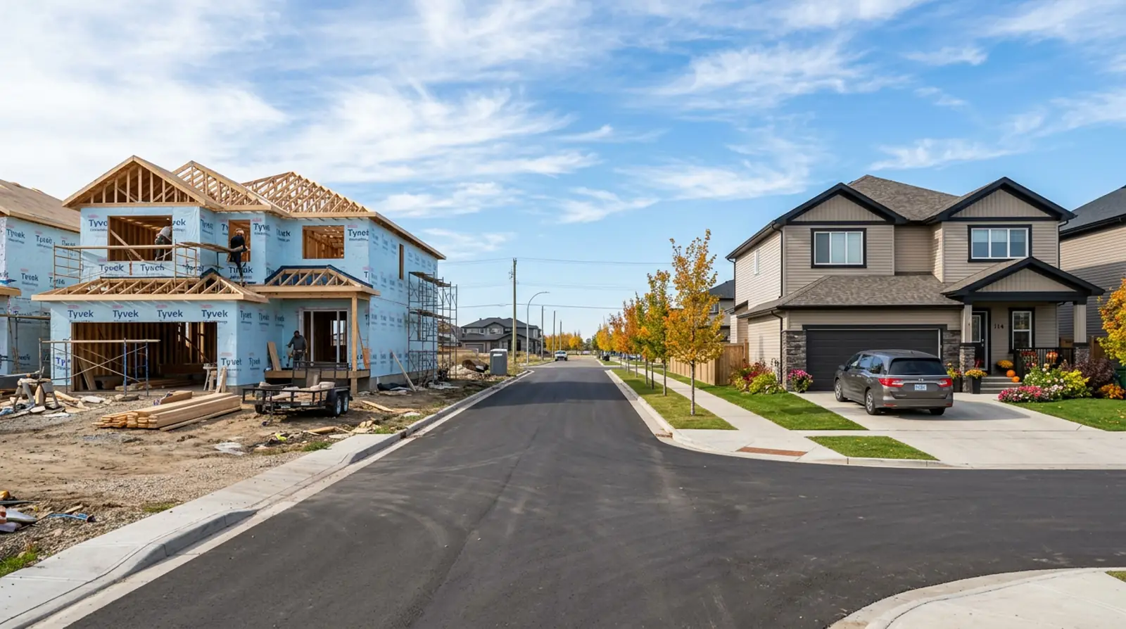 Martensville street with a new home under construction next to a finished two storey family home with landscaped yard.