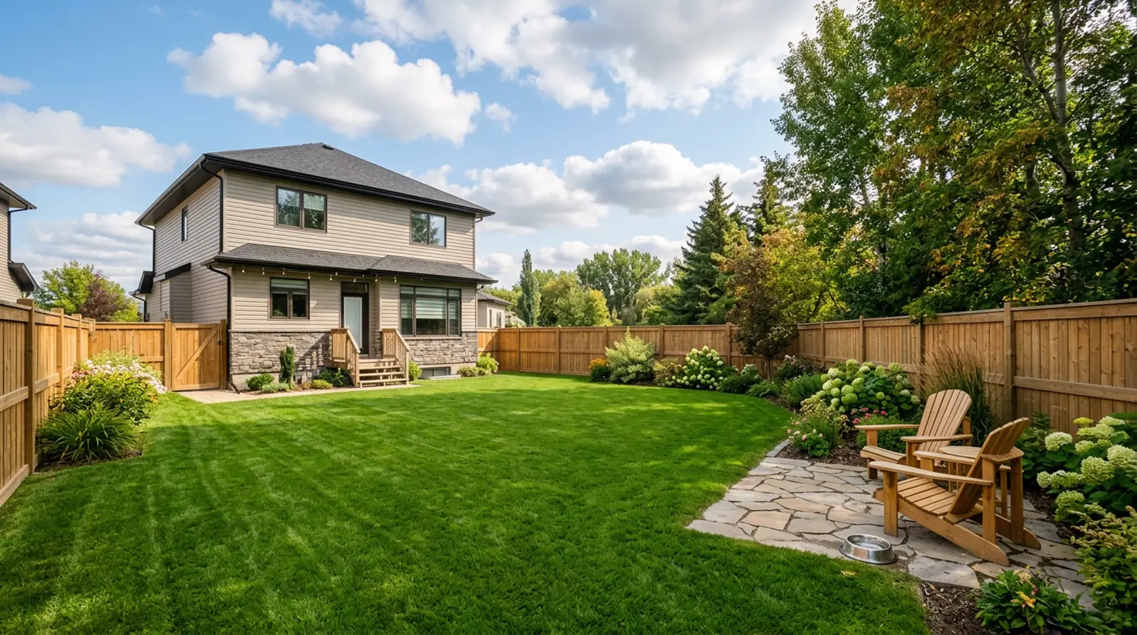 Fenced back yard of a modern Martensville family home with cedar privacy fence, green lawn and a small patio on a sunny afternoon.