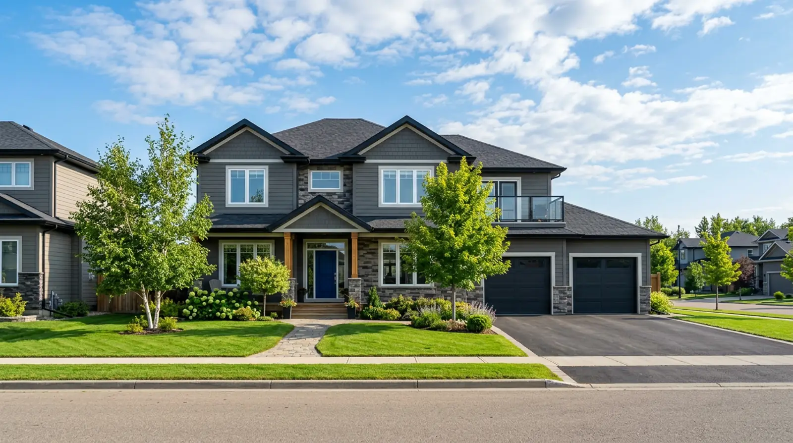 Well-kept modern Martensville family home with tidy landscaping and a freshly painted front door on a sunny morning.