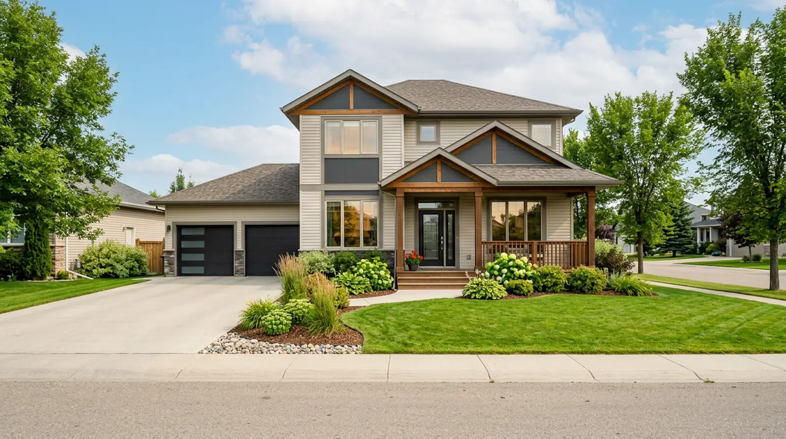 Modern two-storey Martensville family home with a welcoming front porch, tidy landscaping and mature trees on a sunny afternoon.
