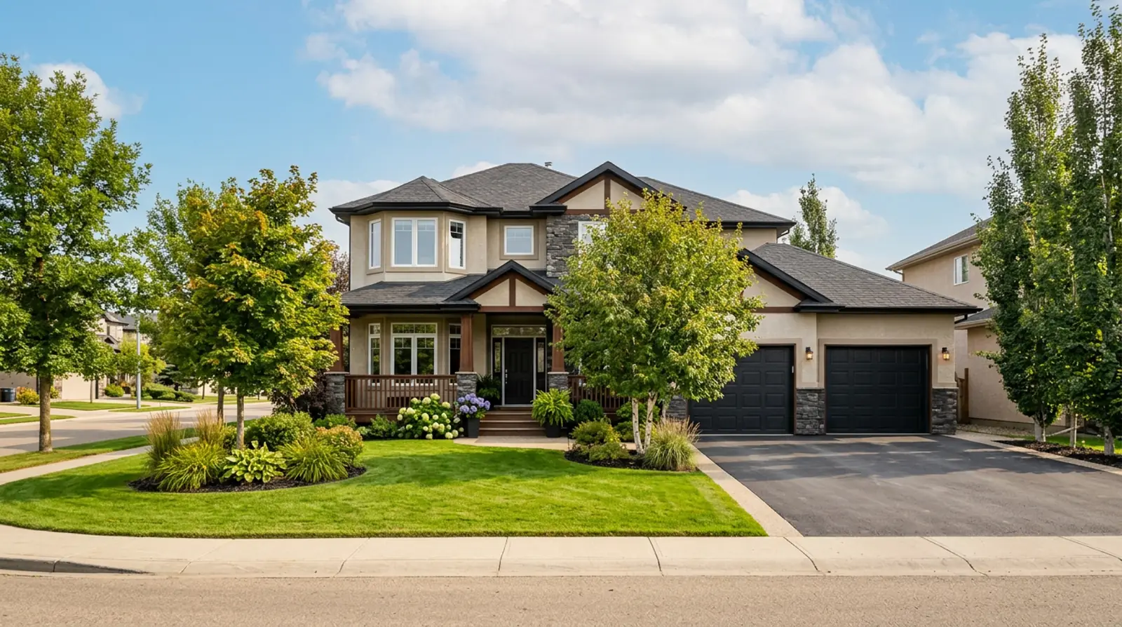 Modern Martensville two-storey family home with welcoming front porch and mature trees on a bright late-summer afternoon.