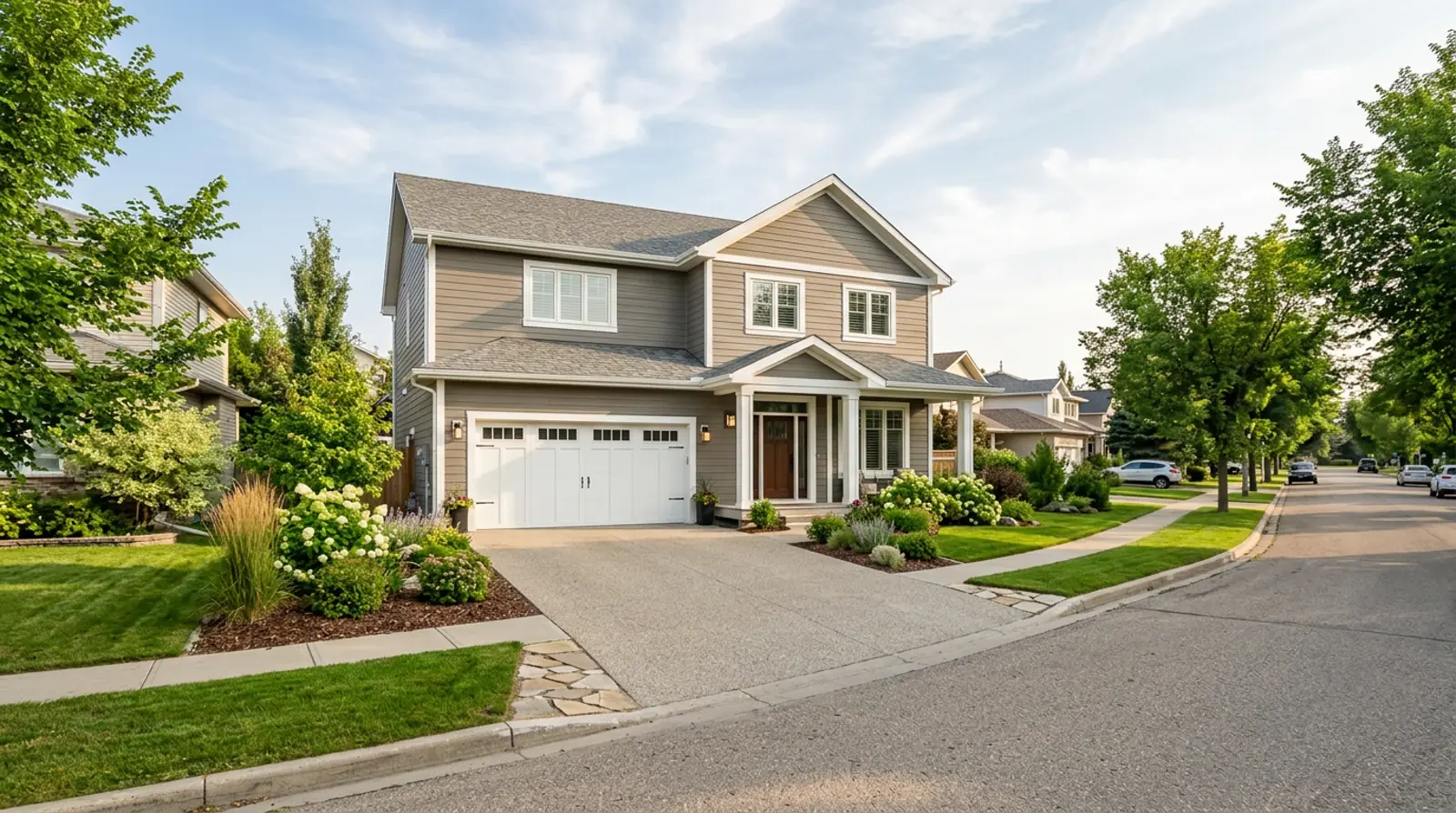 Modern Martensville two-storey family home with freshly painted trim, new front door, and tidy landscaping on a summer afternoon.