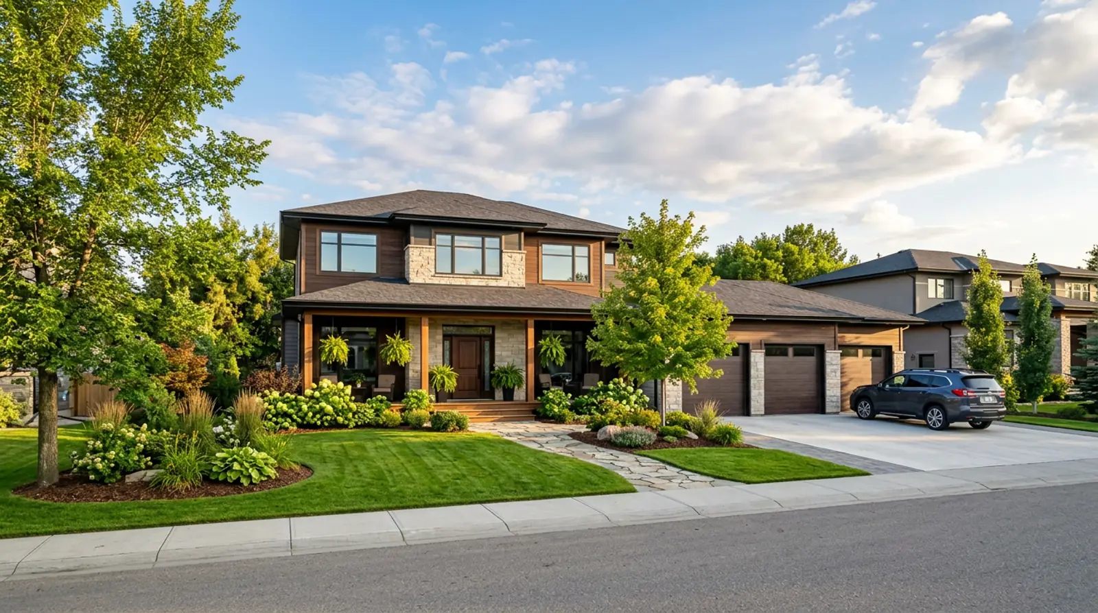 Modern Martensville family home with spacious yard, large covered porch and oversized triple garage on a bright late-summer afternoon.