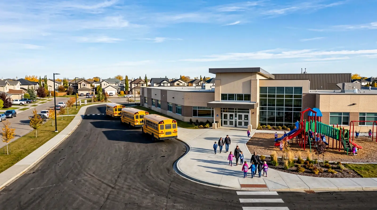 Modern Martensville elementary school with playground, buses, and parents walking children toward the front doors.