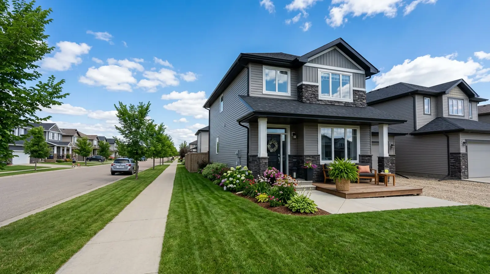 Well-staged Martensville family home with tidy lawn, garden bed and welcoming front porch on a summer afternoon