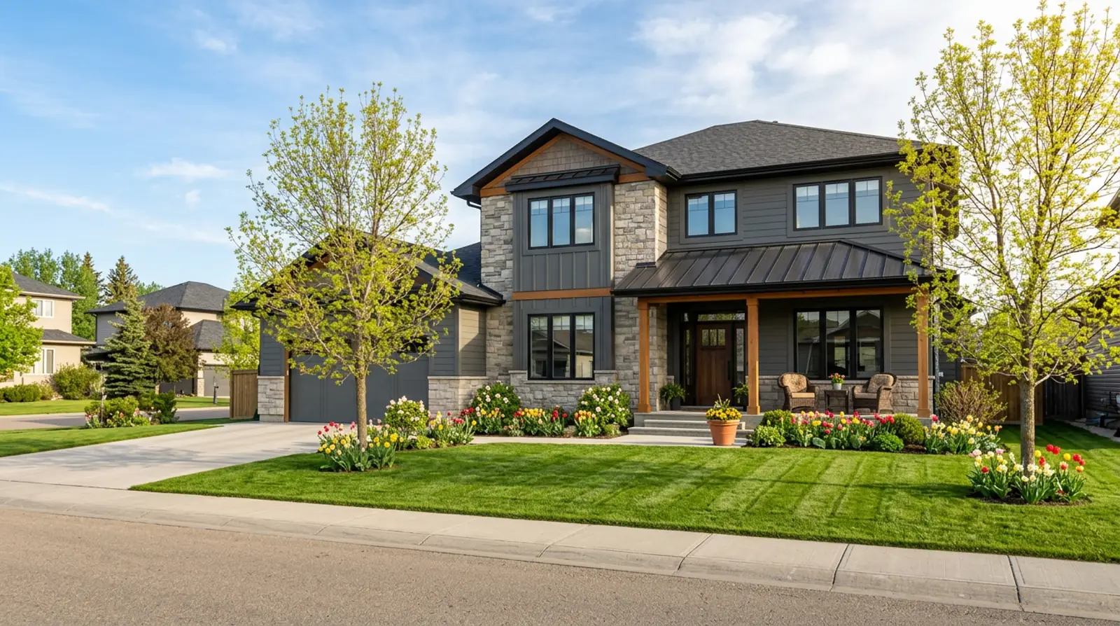 Modern Martensville family home with fresh green lawn, spring tulip beds and blooming trees on a bright spring morning.