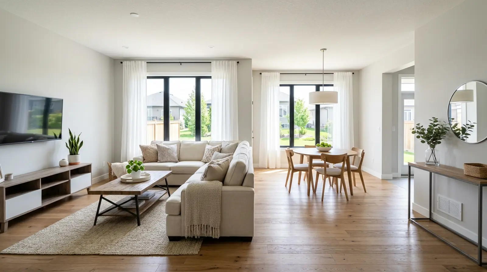 Bright, freshly staged open-concept living and dining room in a modern Martensville family home with neutral tones and natural light.