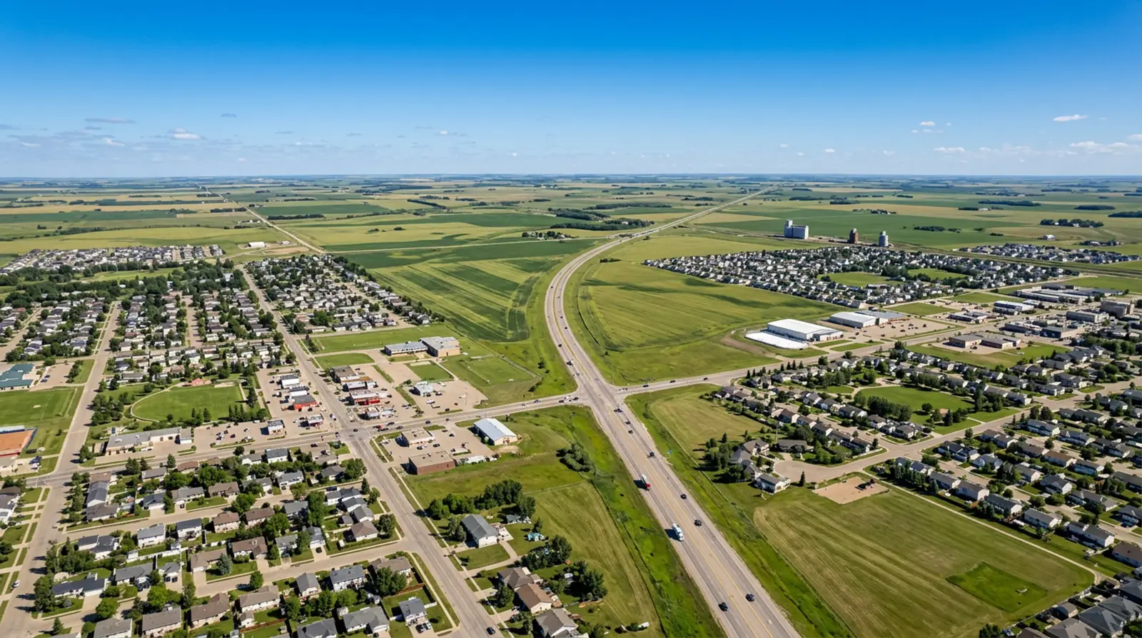 Aerial view of Martensville and Warman with prairie farmland and Highway 11 between the two suburban prairie cities