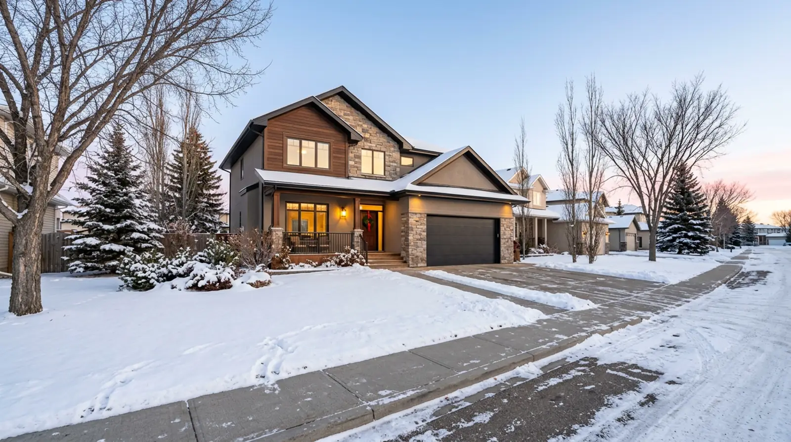 Modern Martensville family home on a bright winter afternoon with fresh snow, shoveled walk, glowing porch light and evergreen wreath.