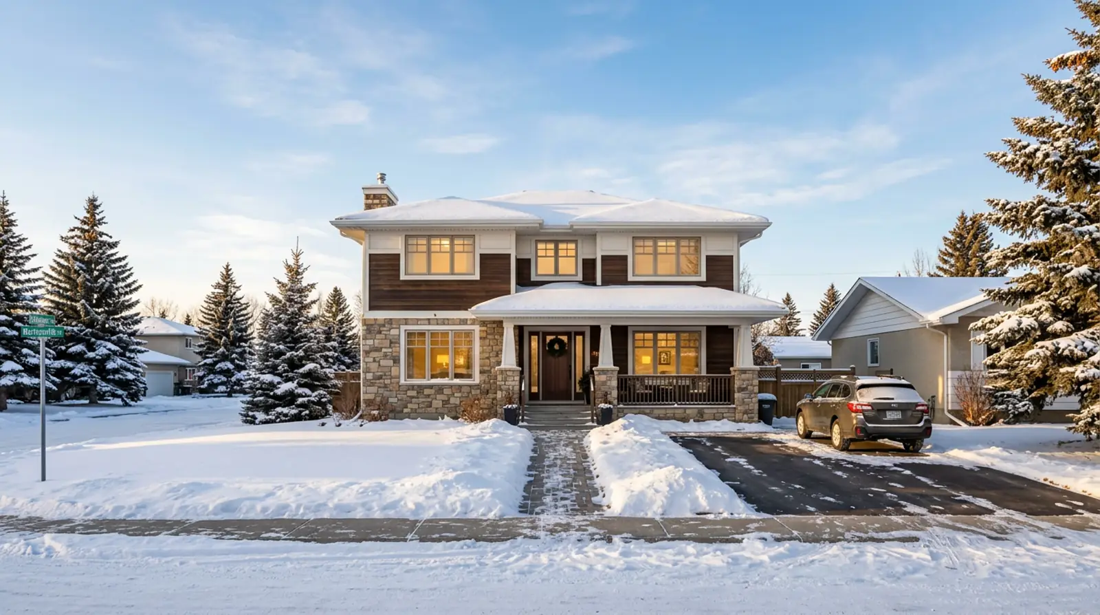 Martensville two-storey family home on a clear winter afternoon with fresh snow, shoveled driveway, and warm interior lights.