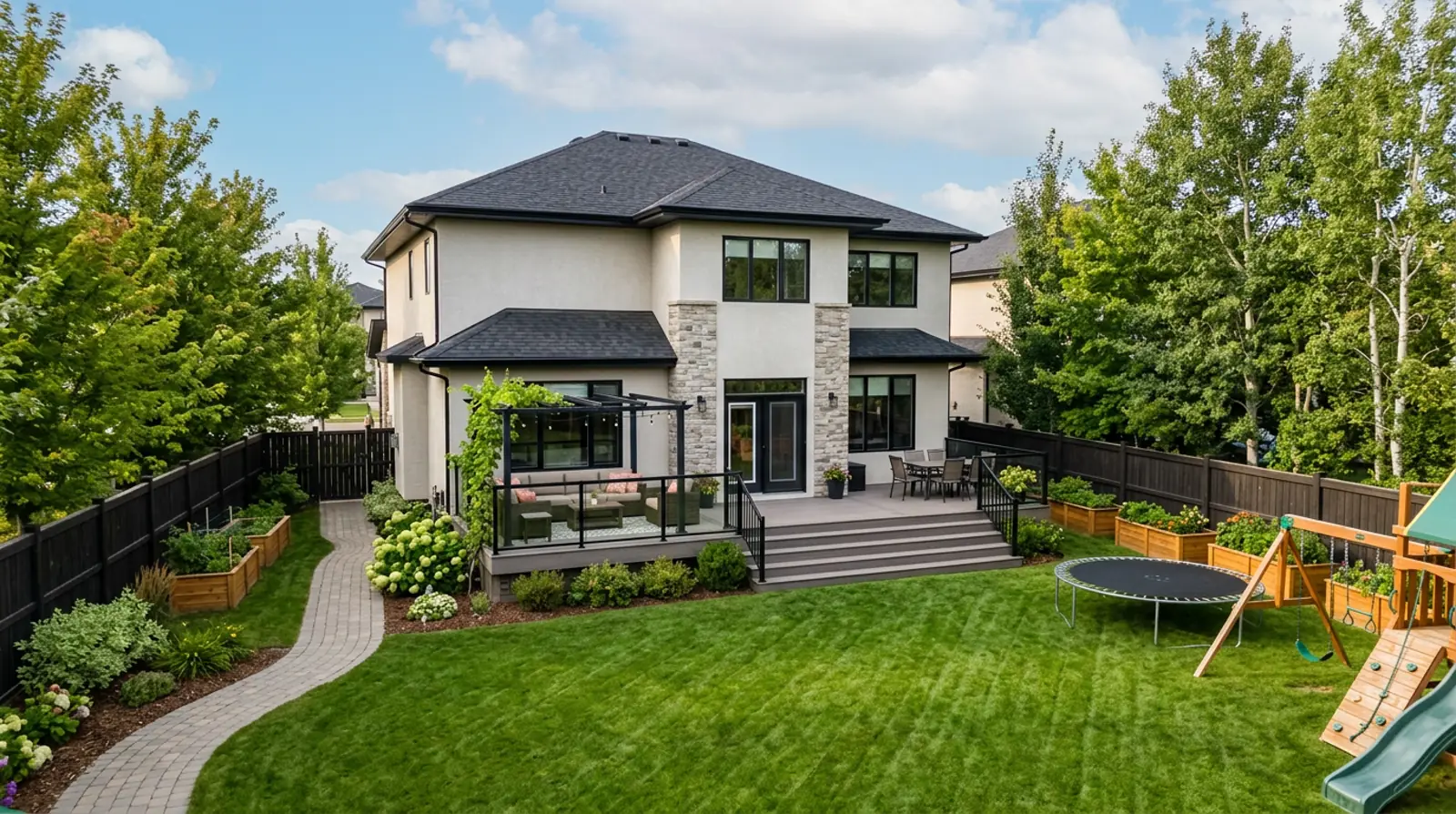 Large fully fenced Martensville backyard with a multi-level composite deck, raised garden beds and a small trampoline on a sunny afternoon.