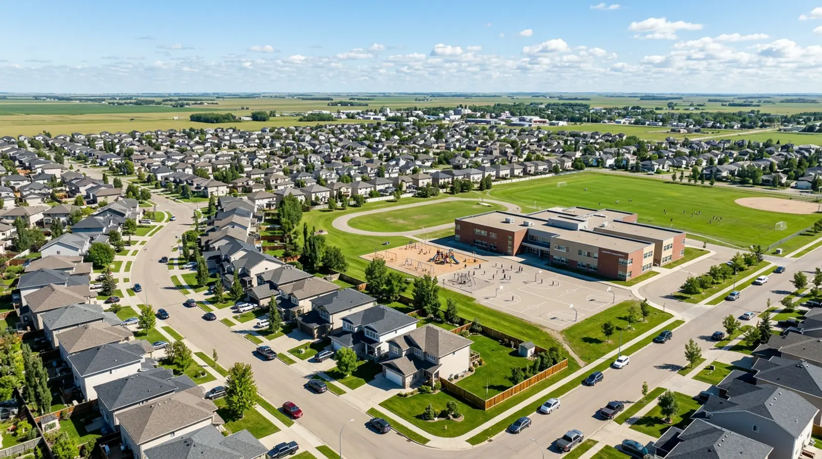 Aerial view of a Martensville family neighbourhood with modern homes, an elementary school, playground and sports fields